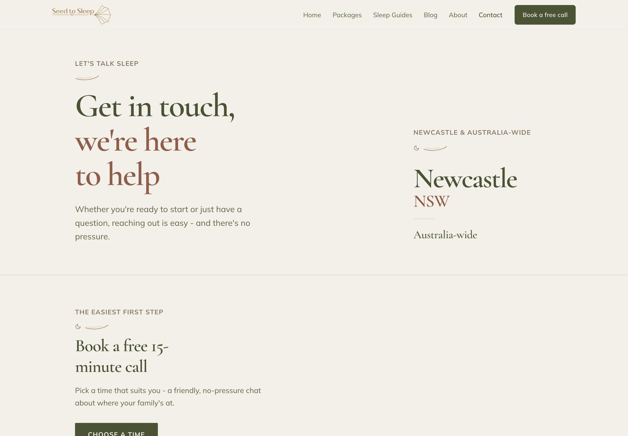 The rebuilt Seed to Sleep contact page, inviting families to get in touch and book a free 15-minute call