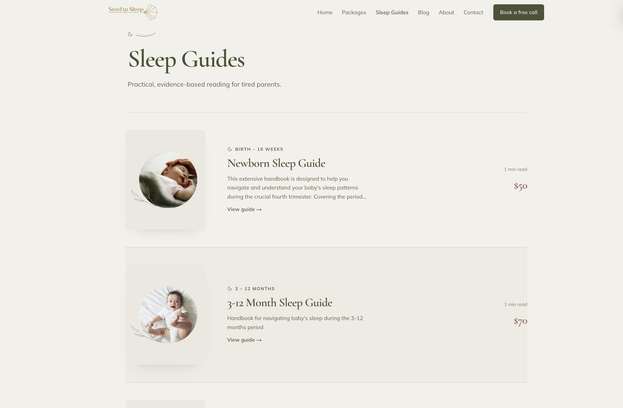 The rebuilt Sleep Guides page, with the Newborn and 3–12 Month guides listed as clear cards