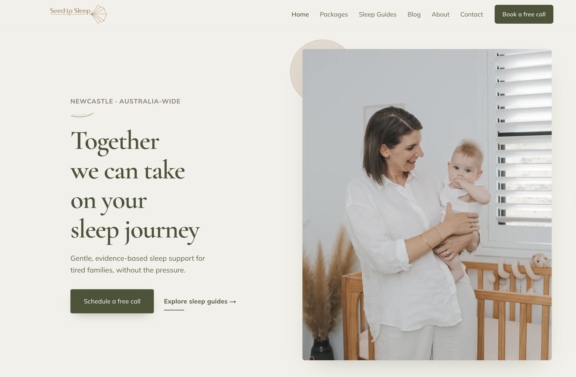 The rebuilt Seed to Sleep homepage, with the headline beside a photograph of Anna Spiteri holding a baby