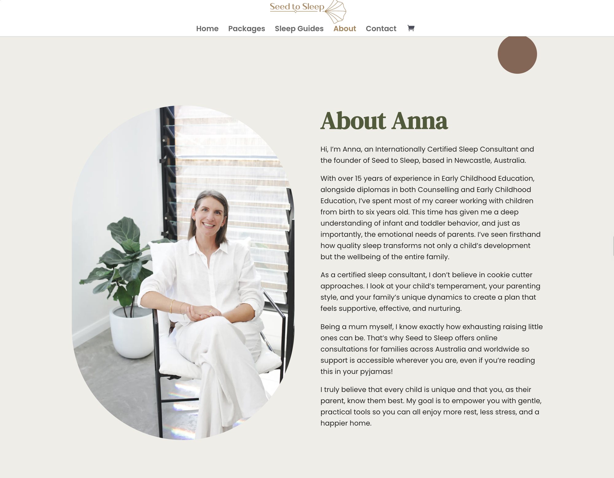 The previous About Anna page, with a circular portrait and a long block of text
