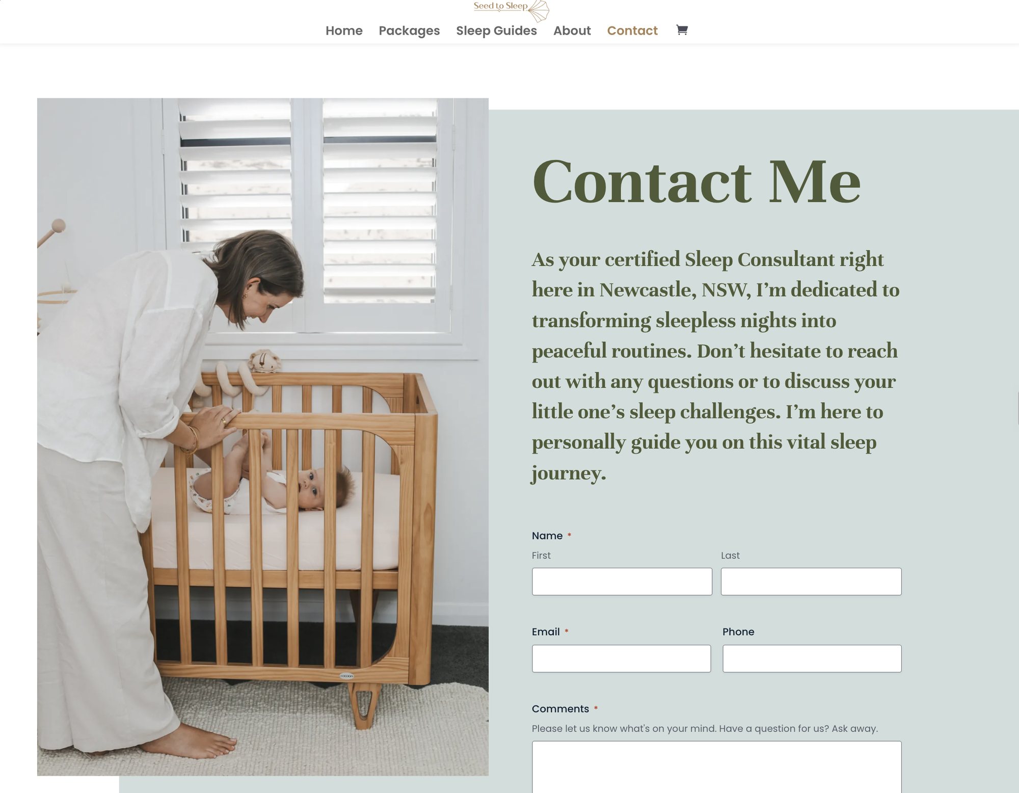 The previous Seed to Sleep contact page, with a photograph beside a Contact Me form