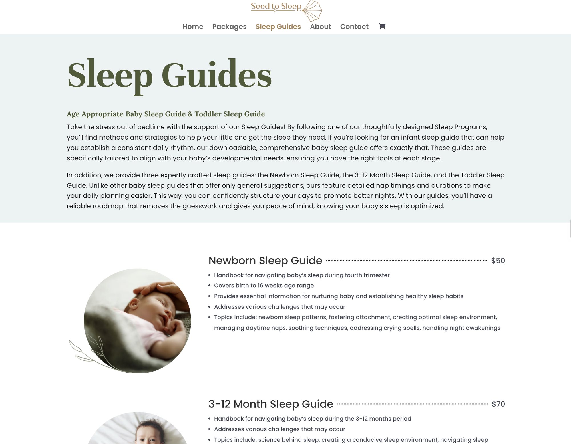 The previous Seed to Sleep guides page, with long introductory copy and dotted price lines