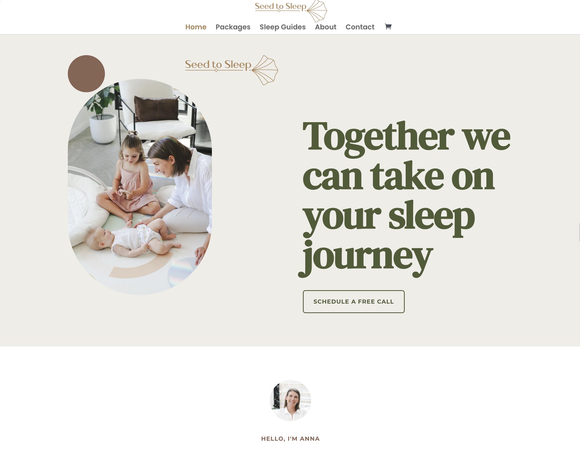 The previous Seed to Sleep homepage, with a centred logo and an oval family photograph