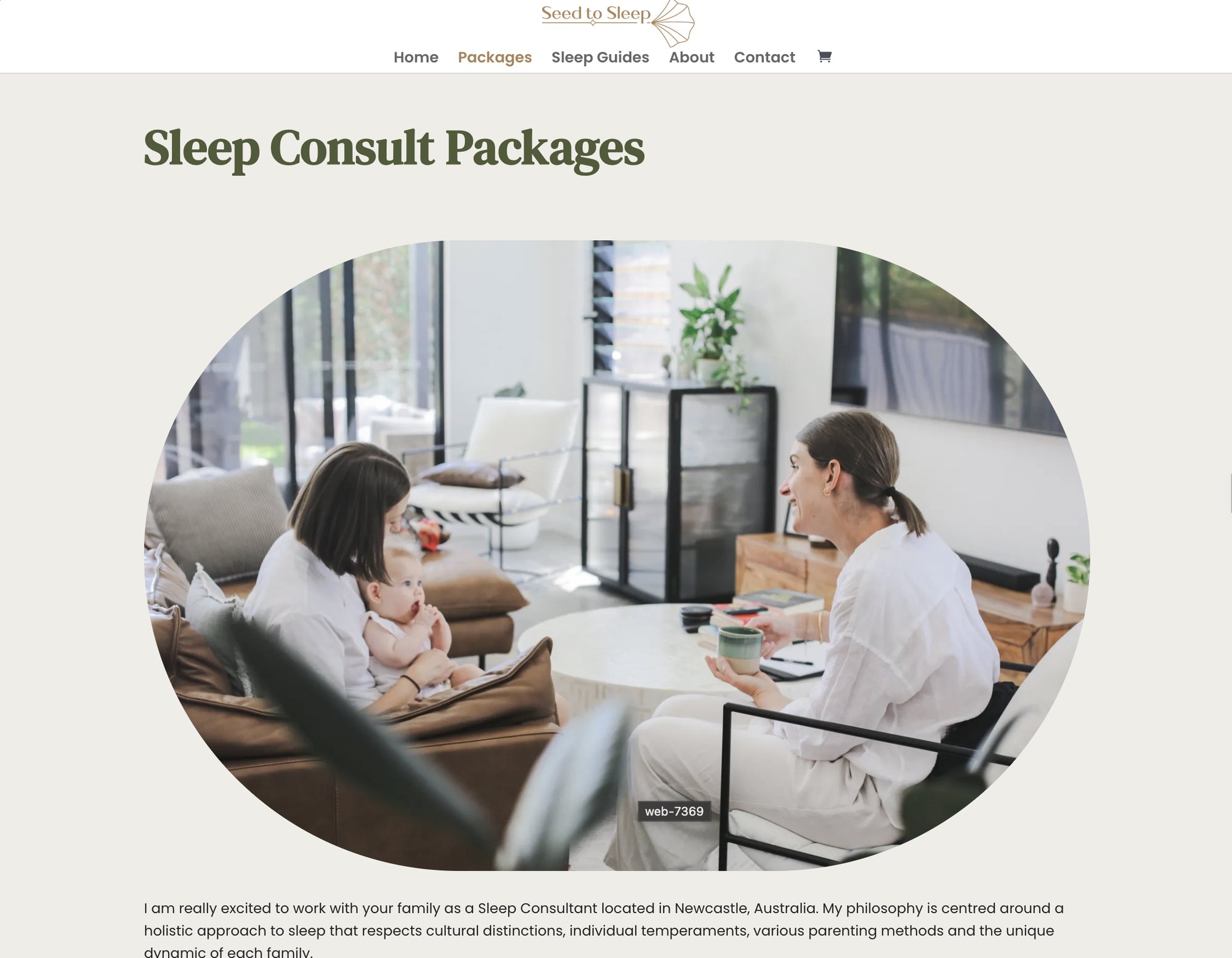The previous Seed to Sleep packages page, titled Sleep Consult Packages, with a large oval photograph